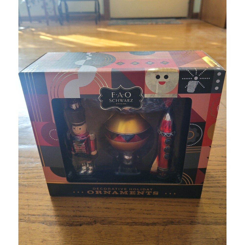 FAO Schwarz Holiday Ornaments 3 Piece Set Blown Glass Nutcracker